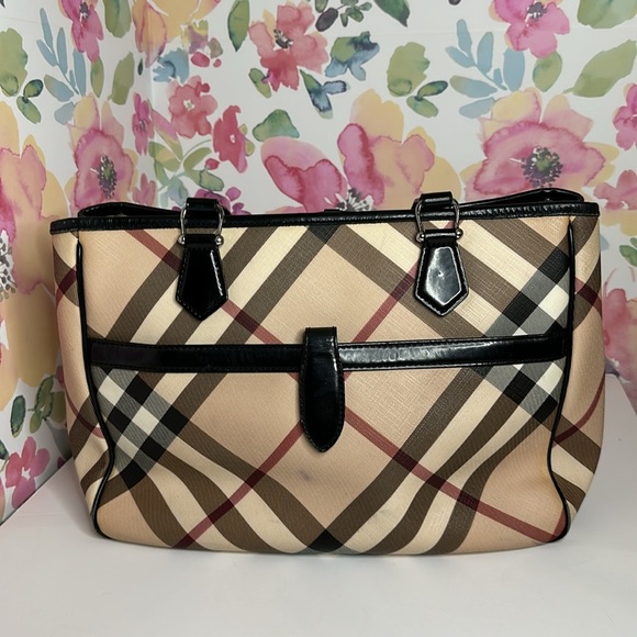 💯Authentic  BURBERRY HAYMARKET CHECK TOTE BAG LEATHER  HANDBAGS WOMEN🍀 - Picture 13 of 17